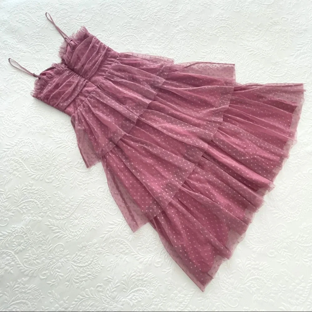 NWOT Lulus Sweetheart Style Mauve Polka Dot Bustier Tiered Midi Dress Small - Picture 9 of 12